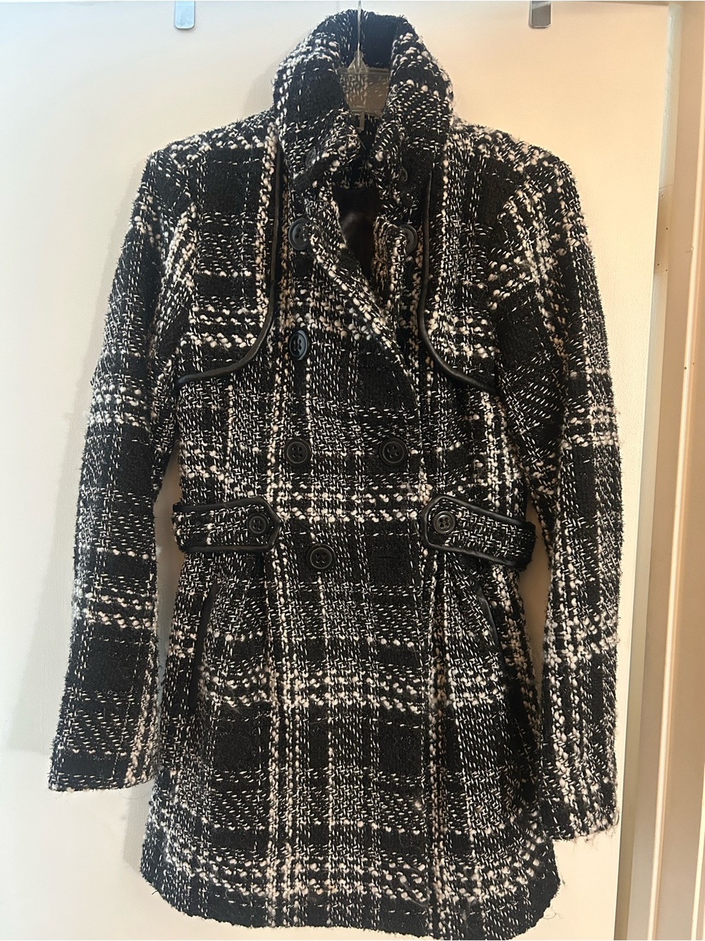 BCX Black and White Plaid Double-Breasted Pea Coat